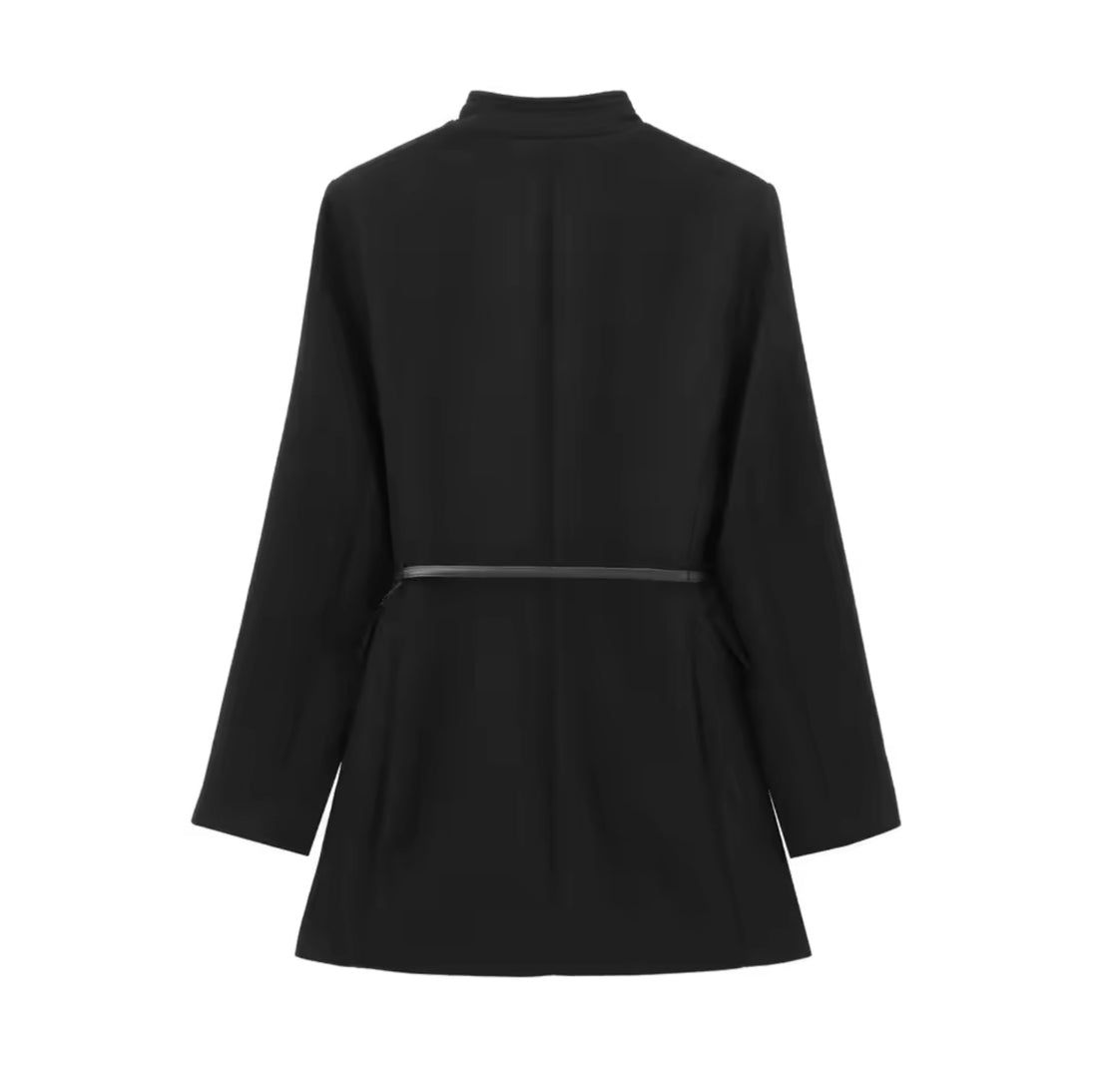 Noire Étoile – Eleganter Damen Blazer Mantel Schwarz mit Perlenknöpfen & Gürtel