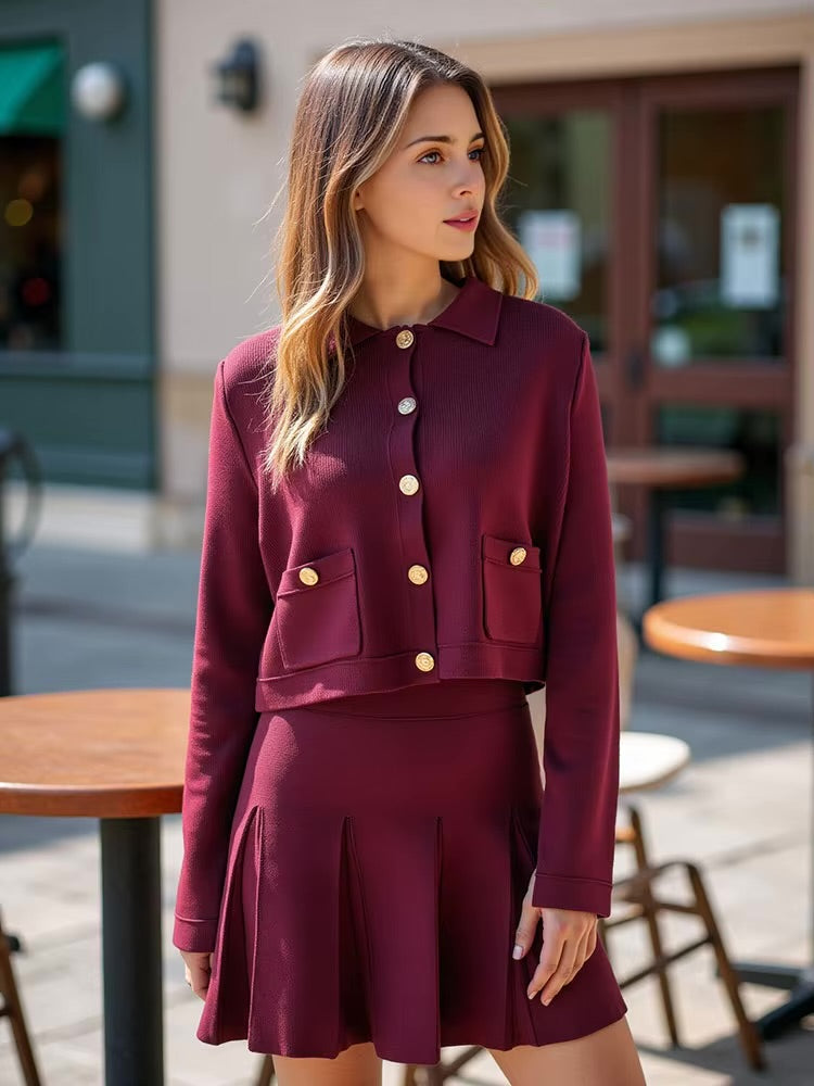 Serenya – Damen Zweiteiler Set Weinrot | Eleganter Blazer & Faltenrock für Business & Freizeit