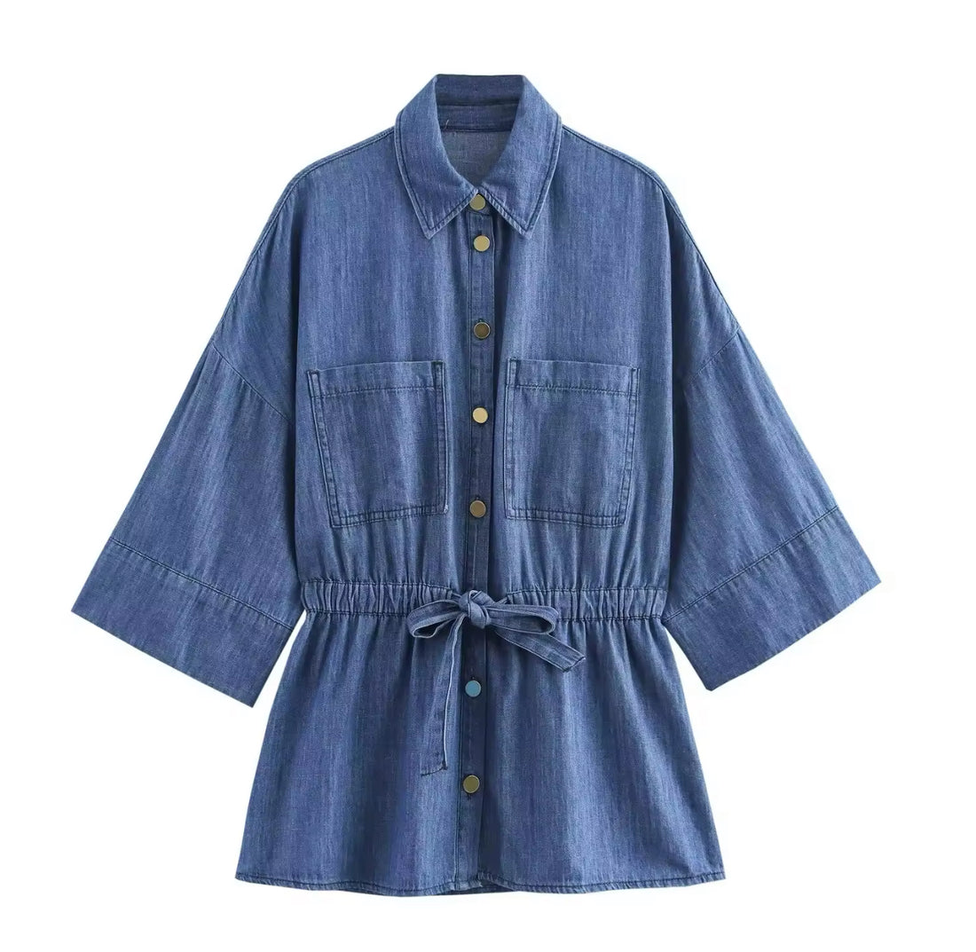 LYNNORA Damen Denim Set – Zweiteiler mit Weitbein-Hose & Taillierter Bluse aus Leichtem Jeansstoff