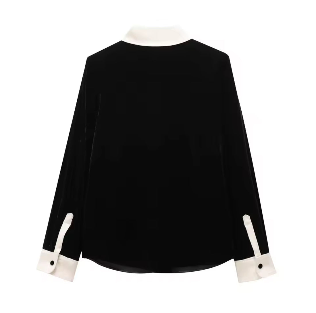 Zyora Damen Zweiteiler Set Schwarz Weiß – Elegante Bluse mit Kragen & Weite Hose mit Streifen