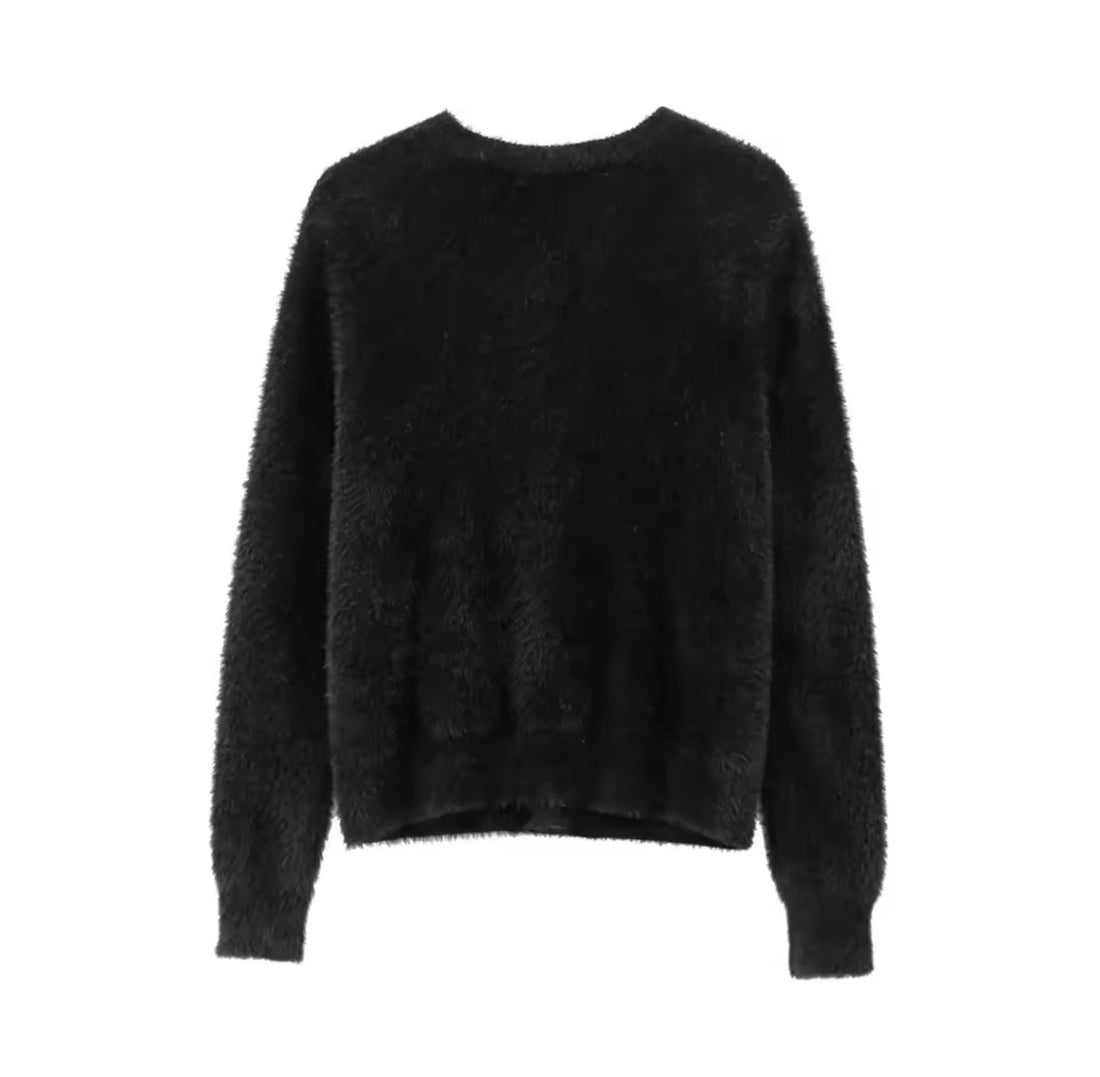 Zeyra – Elegante Schwarze Strickjacke Damen | Flauschiger Cardigan mit Glitzer Knöpfen