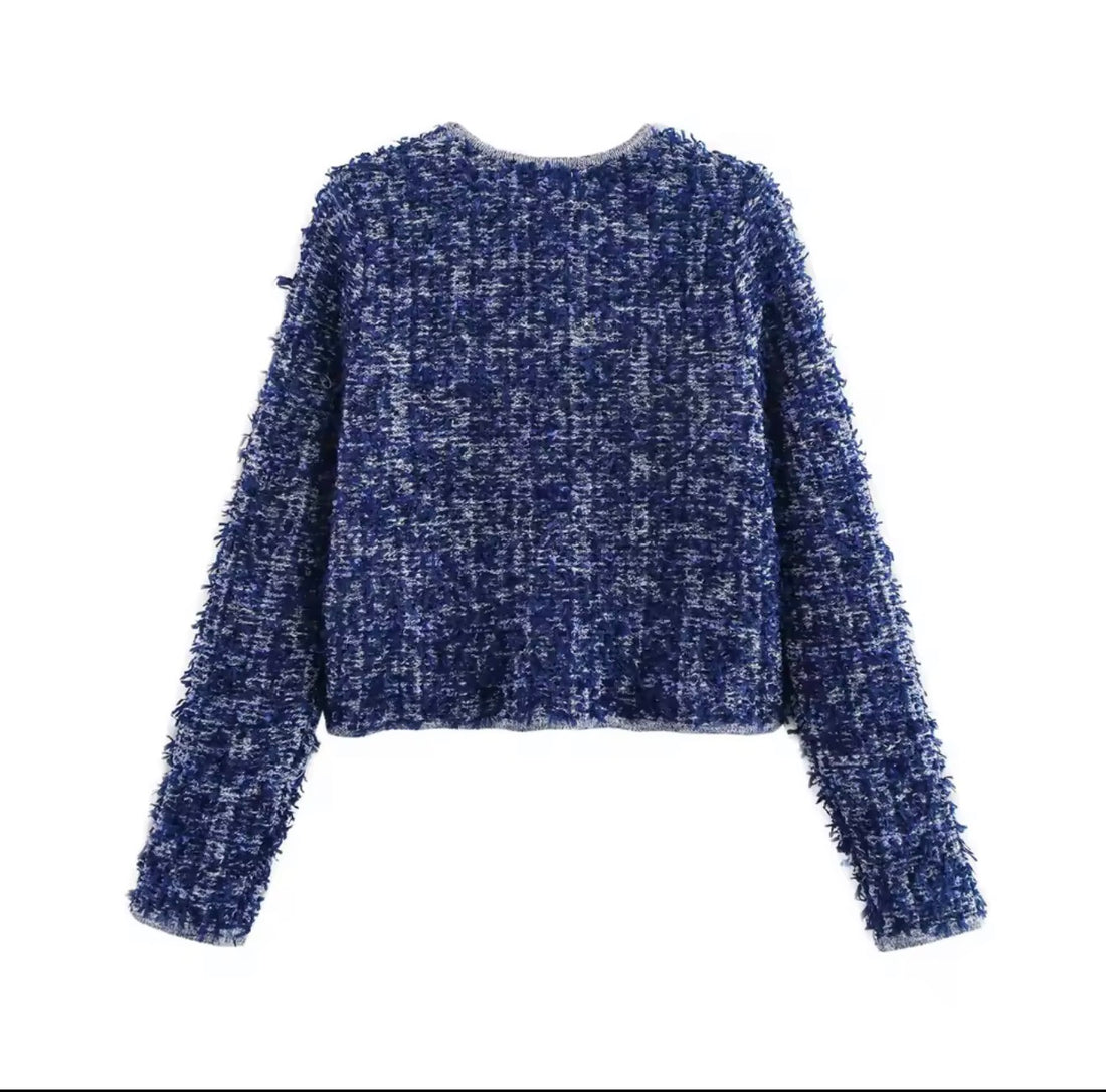 DEEBAE Damen Strickjacke Blau – Elegante Bouclé Cardigan mit Goldknöpfen & Taschen
