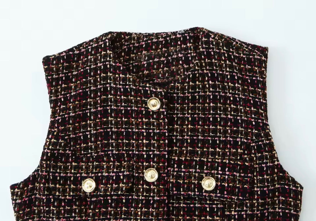 Elegante Damen Tweed Weste – Zeitloser Chic mit Gürtel & Knopfleiste