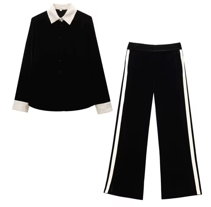 Zyora Damen Zweiteiler Set Schwarz Weiß – Elegante Bluse mit Kragen & Weite Hose mit Streifen