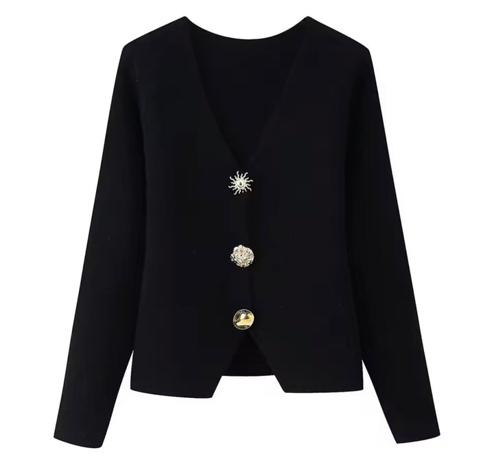FIORELLA Damen Strickjacke – Schwarz Cardigan mit Statement-Knöpfen