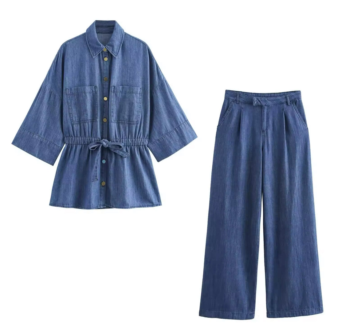 LYNNORA Damen Denim Set – Zweiteiler mit Weitbein-Hose & Taillierter Bluse aus Leichtem Jeansstoff